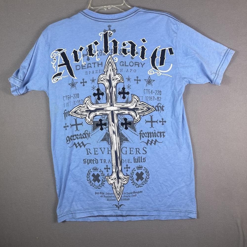Archaic By Affliction Shirt Men M Blue Tee Cross Y2K - Picture 2 of 5